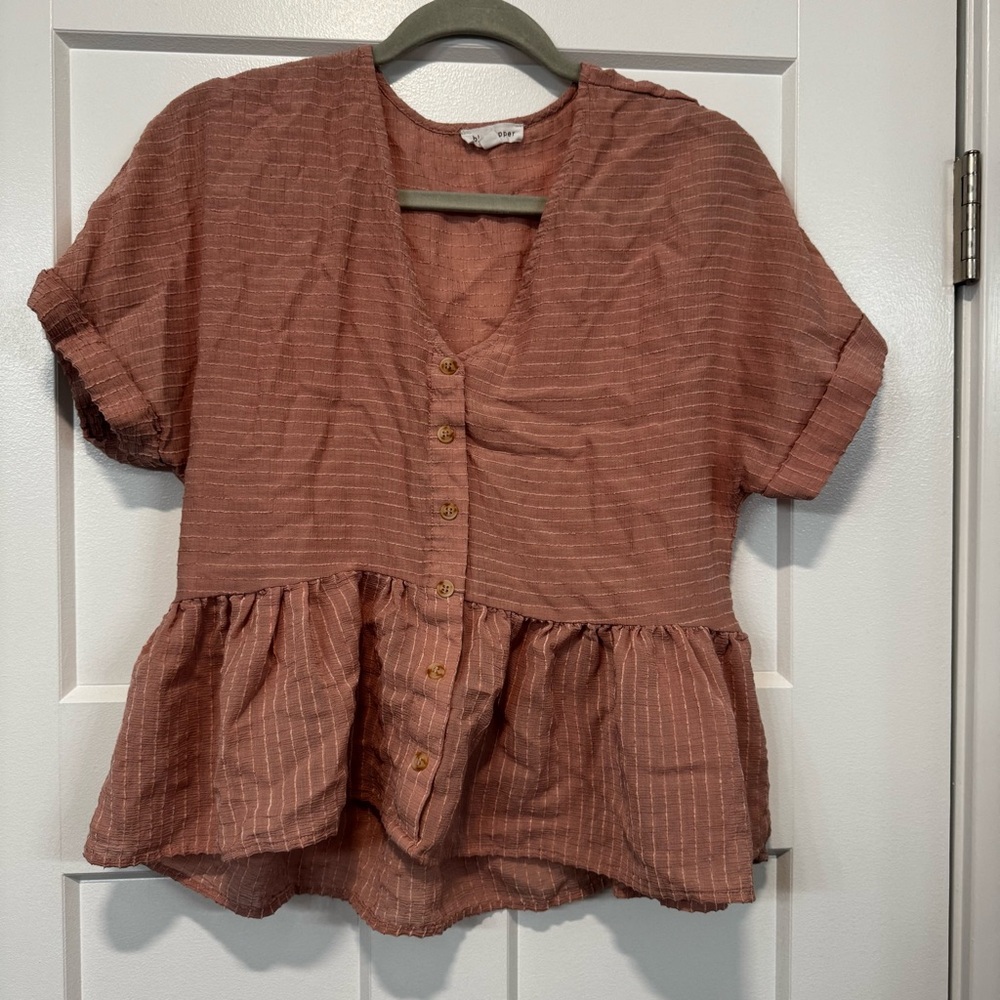 Blu Pepper Orange Red Peplum Blouse with Cuffed Sleeves